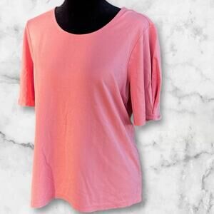 Chico’s coral T-shirt with rounded neckline, short sleeves. Chicos 1 (8-10)